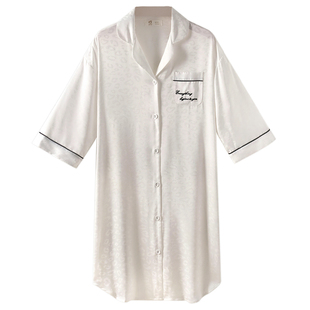 睡裙女士睡衣春秋季丝绸冰丝薄款七分袖开衫衬衫仿真丝豹纹春夏季