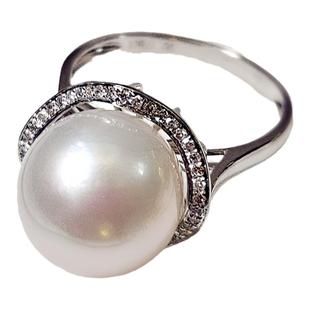 澳白天然海水珍珠戒指18k金钻石经典款南洋白珠指环正圆强光高贵