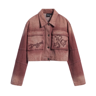 Desigual26春夏新品宽松水洗渐变绣花贴袋长袖女式牛仔外套