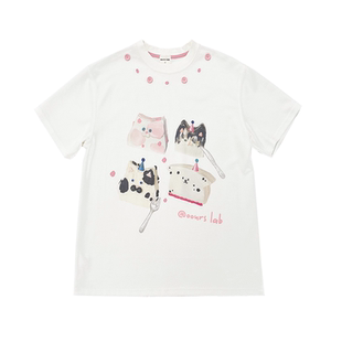 OOURSLAB 原创蛋糕猫猫插画粉色扣子项链夏季短袖女宽松大版T恤