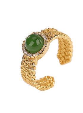 高端大气S925纯银镀金和田玉碧玉编织圆珠戒指女轻奢百搭开口指环