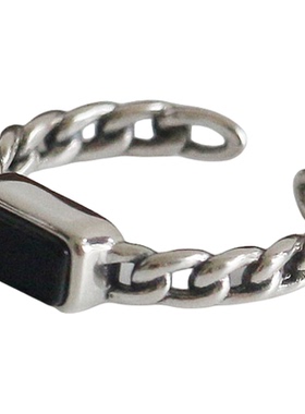 S925纯银黑玛瑙几何方形戒指