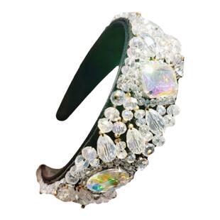 原创新品手缝绿色水晶发箍女高级感镶钻发卡宽边压发椭圆宝石头箍