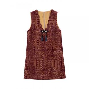 宝诗黎V领钉珠提花背心裙2026早春时尚气质新中式国风休闲连衣裙