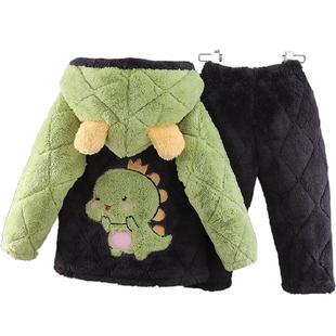 冬季恐龙儿童睡衣男童法兰绒夹棉中大童家居服女童珊瑚绒加厚款套