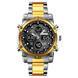 skmei时刻美双显电子表多功能钢表带大表盘三时间男士防水手表