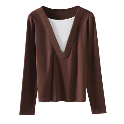 撞色假两件长袖t恤女新款可外穿洋气小衫正肩宽松打底衫内搭上衣