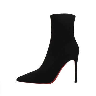 黑色绒面红底细跟气质尖头瘦瘦靴