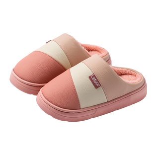 乐拖皮面防水棉拖鞋女款冬季室内家居家用男防滑毛毛保暖棉鞋外穿