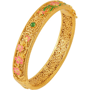 梅兰竹菊翡翠珍珠银鎏金手镯非遗花丝珐琅四君子新中式银手镯手环