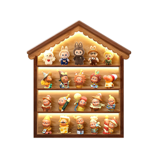 木质小屋造型手办盲盒摆件收纳架LED灯光展示柜可挂墙桌面置物架
