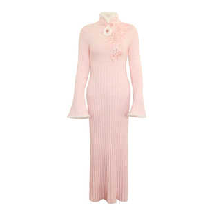 澄渔高定【洛神赋】新中式玉白盈粉美利奴羊毛水貂旗袍针织连衣裙