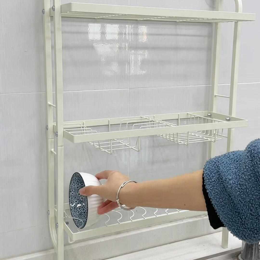 免打孔厨房置物架碗架沥水架放碗碟架台面窄缝上墙三层碗盘收纳架