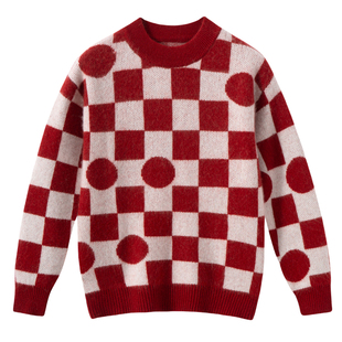 儿童纯山羊绒衫红色方块格子男女童高端加厚中大童秋冬新年红毛衣