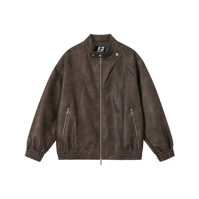 FORNINES美拉德立领pu皮衣男款机车服秋季美式复古咖色夹克外套女