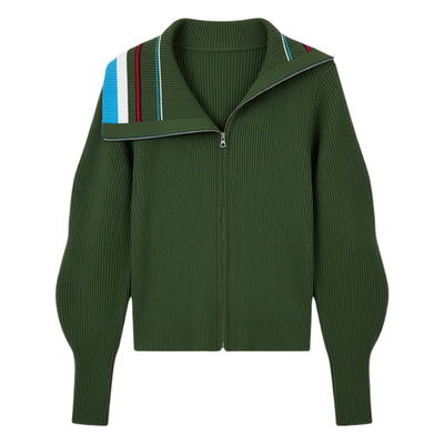 春季女大翻领条纹拼接绿色针织开