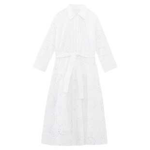 Long sleeved waistband shirt dress女士纯色长袖收腰衬衫连衣裙