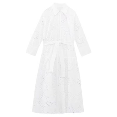 女士纯色长袖收腰衬衫连衣裙