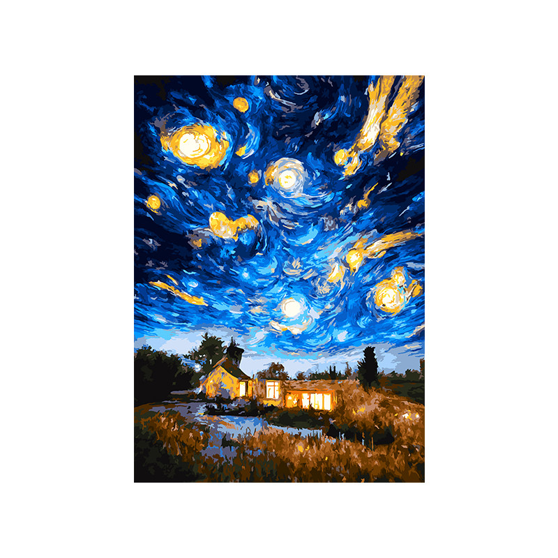 自油自画数字油画晚星下的暖灯