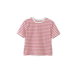 POPCHRIO欧可芮◆高支长绒棉圆领条纹短袖T恤宽松休闲体恤衫上衣