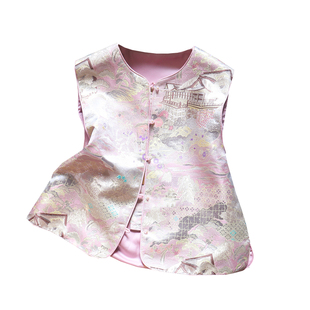 特色国风画意马甲外套女中式描金山水亭台独特提花背心上衣美到爆