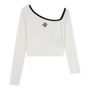 ALazyPig斜肩短款长袖T恤女秋新品修饰肩颈线条修身弹力打底上衣