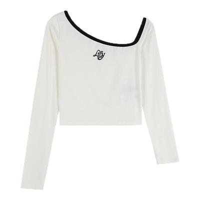 斜肩修身长袖T恤短款上衣