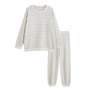 半边绒睡衣女秋冬季加厚保暖休闲套头可外穿家居服珊瑚绒条纹套装