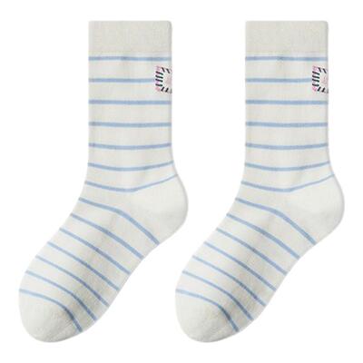 袜子女白色条纹春夏季纯棉中筒袜