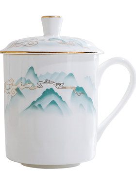 骨瓷描金中式带盖办公杯茶杯礼品