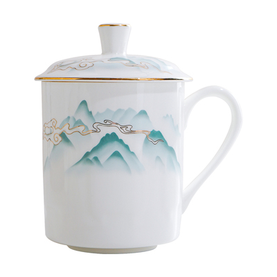 骨瓷描金中式带盖办公杯茶杯礼品