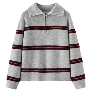 商场同款|森柔森马毛衣女冬宽松条纹半拉链2025新款休闲复古毛衫