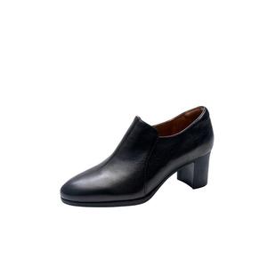 马内尔2025通勤黑色裸靴粗跟真皮高跟鞋女不累脚时装靴职业小皮鞋