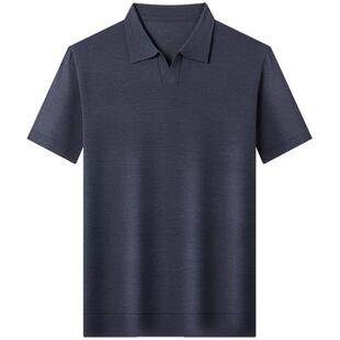 男士精纺纯羊毛短袖针织衫春秋薄款方领半袖上衣翻领下摆收口线衫