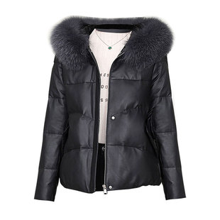 海宁皮衣外套女2024年新款冬季加绒时尚真狐狸毛领连帽短款皮棉衣