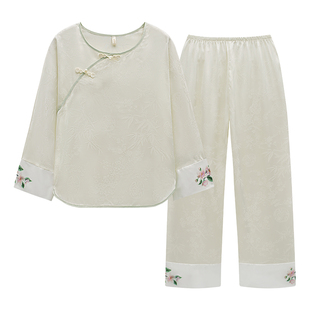 乐姿梦睡衣女春夏秋季长袖古风国风盘扣家居服中国风丝绸娘娘寝衣