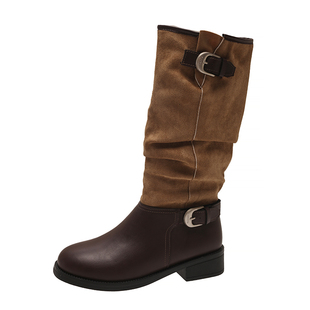 马思纯同款复古金属搭扣长筒堆堆靴女2025新款西部靴中筒骑士靴子