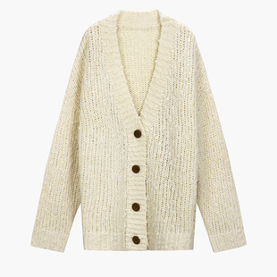 CROWNLESS未冕羊毛花式立体珍珠绒手织感棒针V领开衫毛衣女