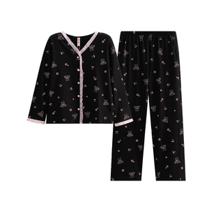 芬腾女士睡衣春秋季纯棉V领长袖可爱卡通休闲宽松大码家居服套装