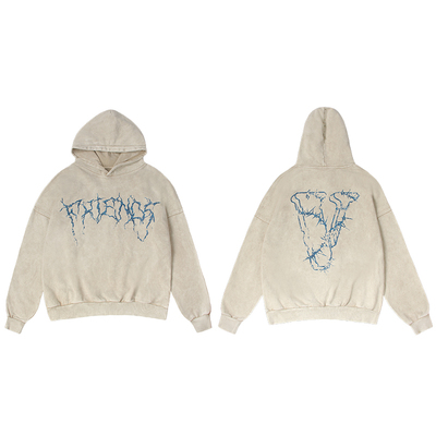 VLONE 荆棘大Logo印花水洗宽松连帽卫衣 男女同款情侣款米色 黑色
