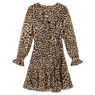 佧茜文摩登豹纹连衣裙2025秋季新款时尚V领印花荷叶边拼接长裙女