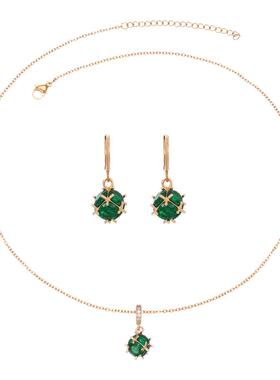 复古球形锆石吊坠耳环套装彩色水晶耳饰链条不锈钢项链四色可选