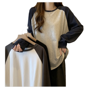 拼色插肩袖外穿打底衫女秋衣宽松显瘦德绒上衣加厚加绒长袖T恤潮