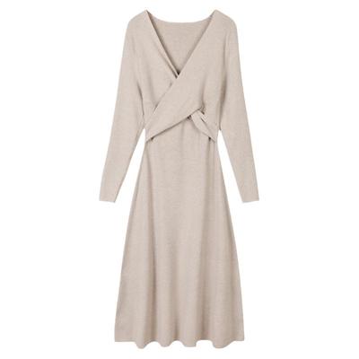 v领针织长袖修身连衣裙秋