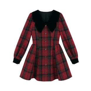 学院风娃娃领红色格子连衣裙女冬季气质法式小香风收腰内搭a字裙