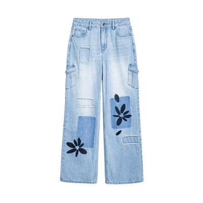 Desigual25秋冬新品花朵贴布直筒长款女式牛仔裤