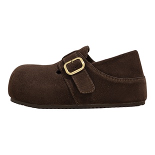 棕色厚底全包勃肯鞋女款2025新款冬季单鞋加绒女鞋真皮内增高鞋子