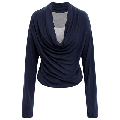 假两件撞色拼接蕾丝荡领长袖T恤