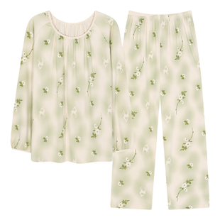 春秋季长袖大码睡衣套装女士带胸垫一体国风家居服学生宽松夏冬天