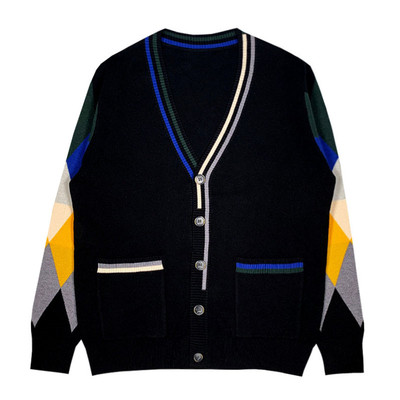 针织开衫V领拼色休闲毛衣外套